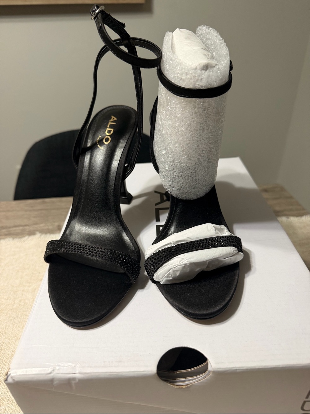 ALDO Black T-Strap Crystal Accent Stiletto Heels